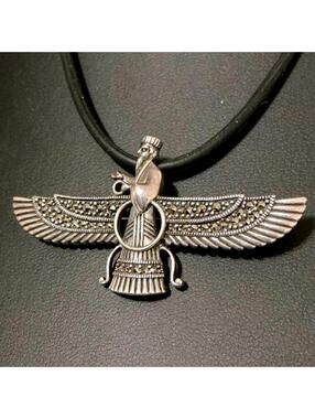 Sterling Silver Marcasite Arabic Faravahar Zoroastrian Brooch / Pendant Unisex